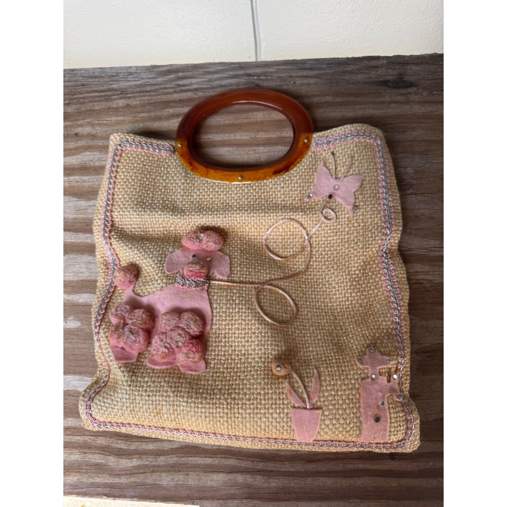 Vintage Woven Straw Handbag With Pink Poodle Appliqué Orange Striped Lining - Picture 6 of 6